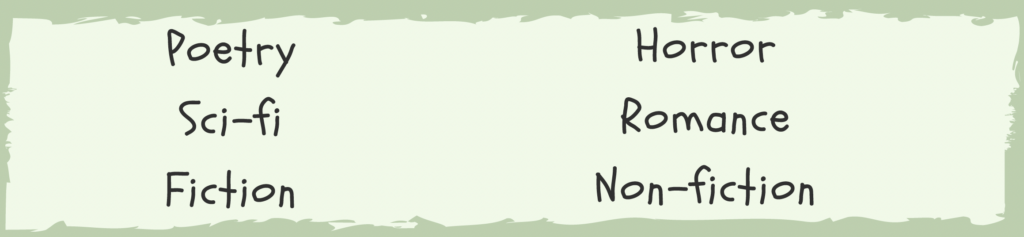 poetry, sci-fi, fiction, horror, romance, non-fiction